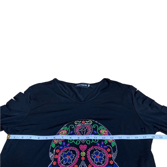 FANCYQUBE Women's black long sleeve top embellished w/Sugar Skull Rhinestones - Picture 3 of 8